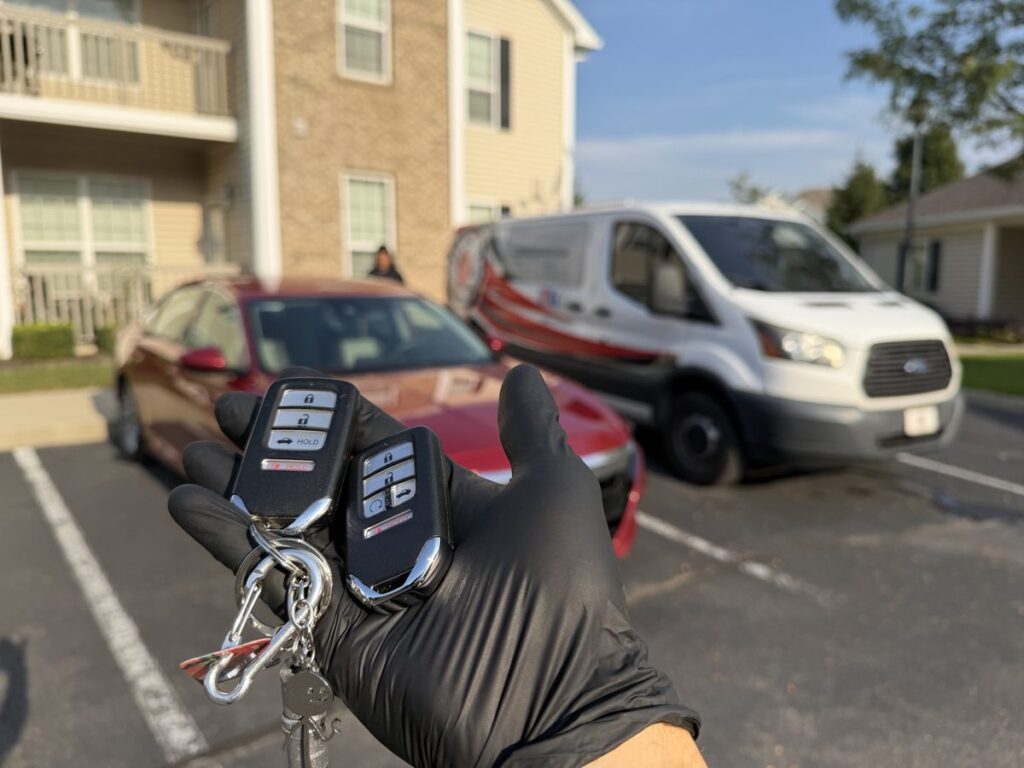 New 2019 Honda Accord keys with a remote start button next to the original keys without one, Dublin, Ohio