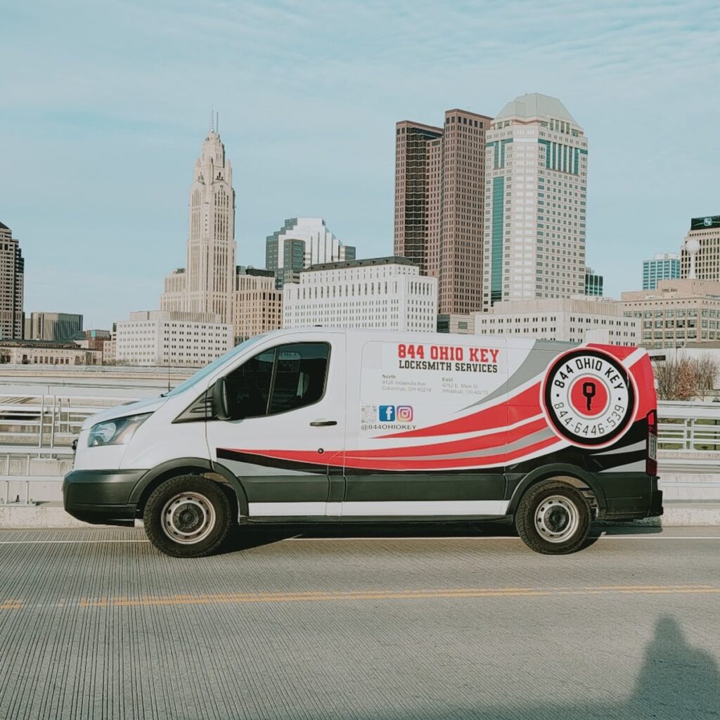 844 Ohio Key locksmith van with the downtown Columbus skyline behind it