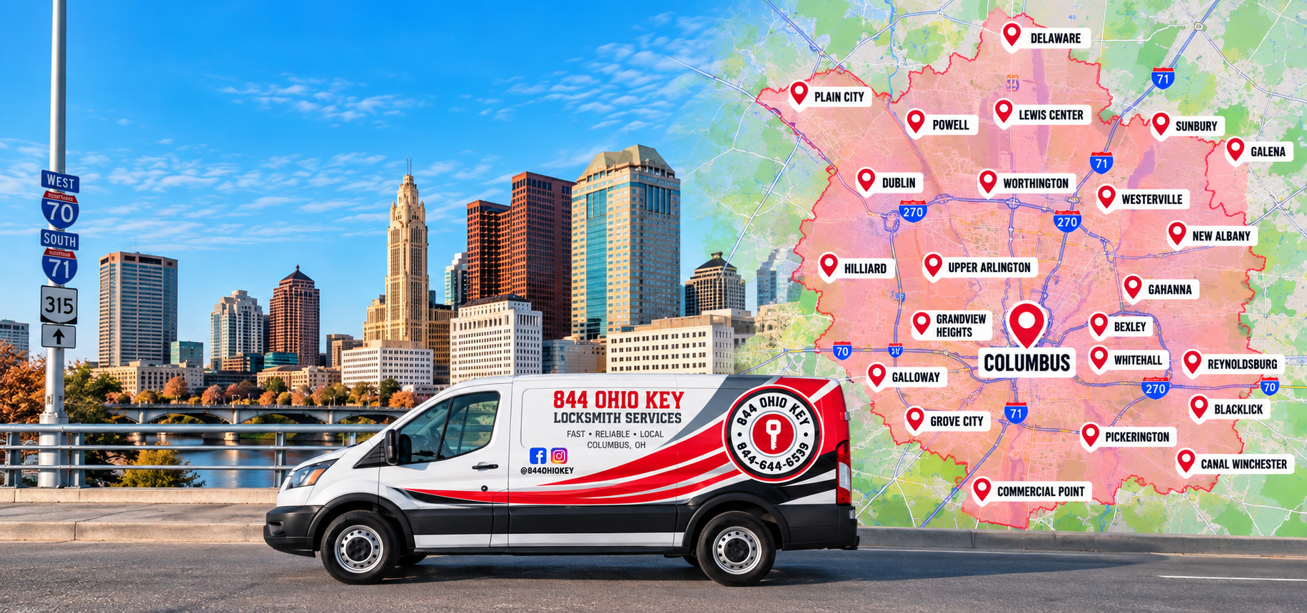 Map of Central Ohio showing areas 844 Ohio Key serves: Columbus, Dublin, Hilliard, Upper Arlington, Westerville, Powell, Delaware, New Albany, Gahanna, Reynoldsburg, Pickerington and Grove City, with the locksmith van and the Columbus skyline