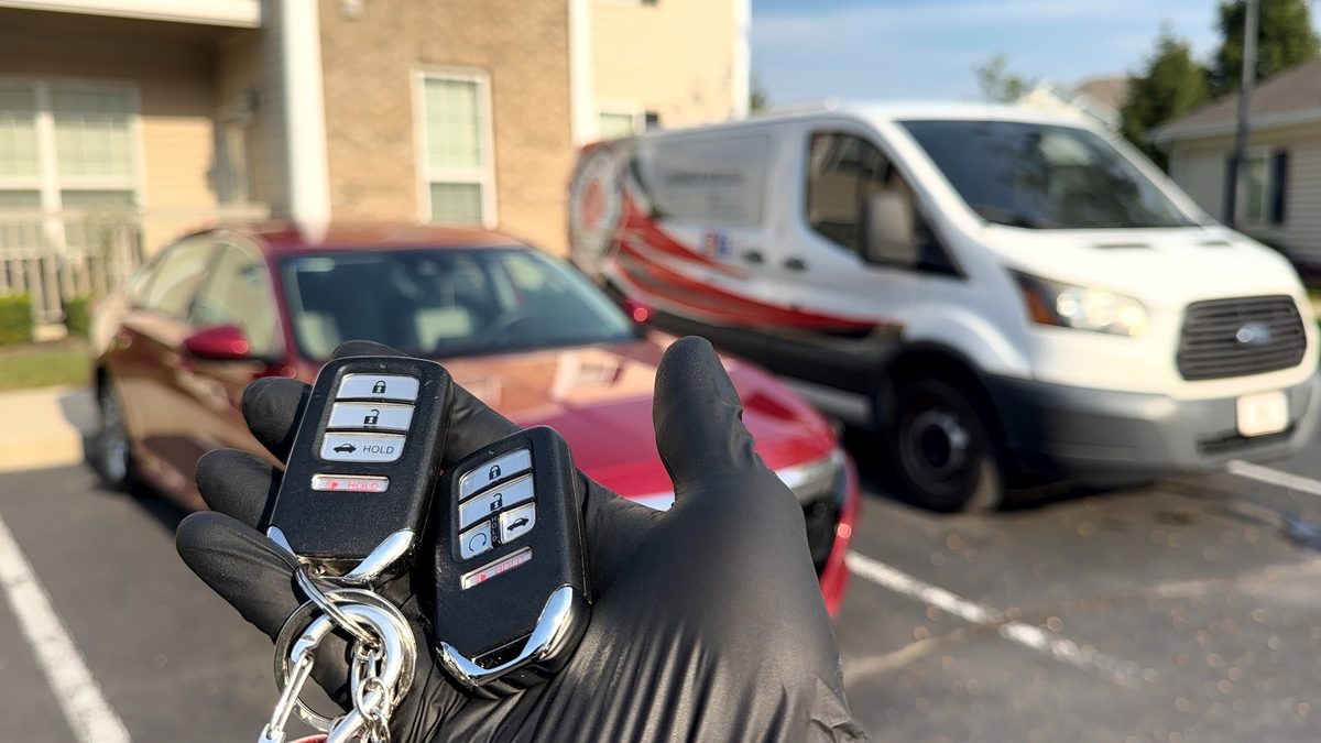 Original 2019 Honda Accord proximity fob next to the remote start fob the owner bought, with her car and the service van behind
